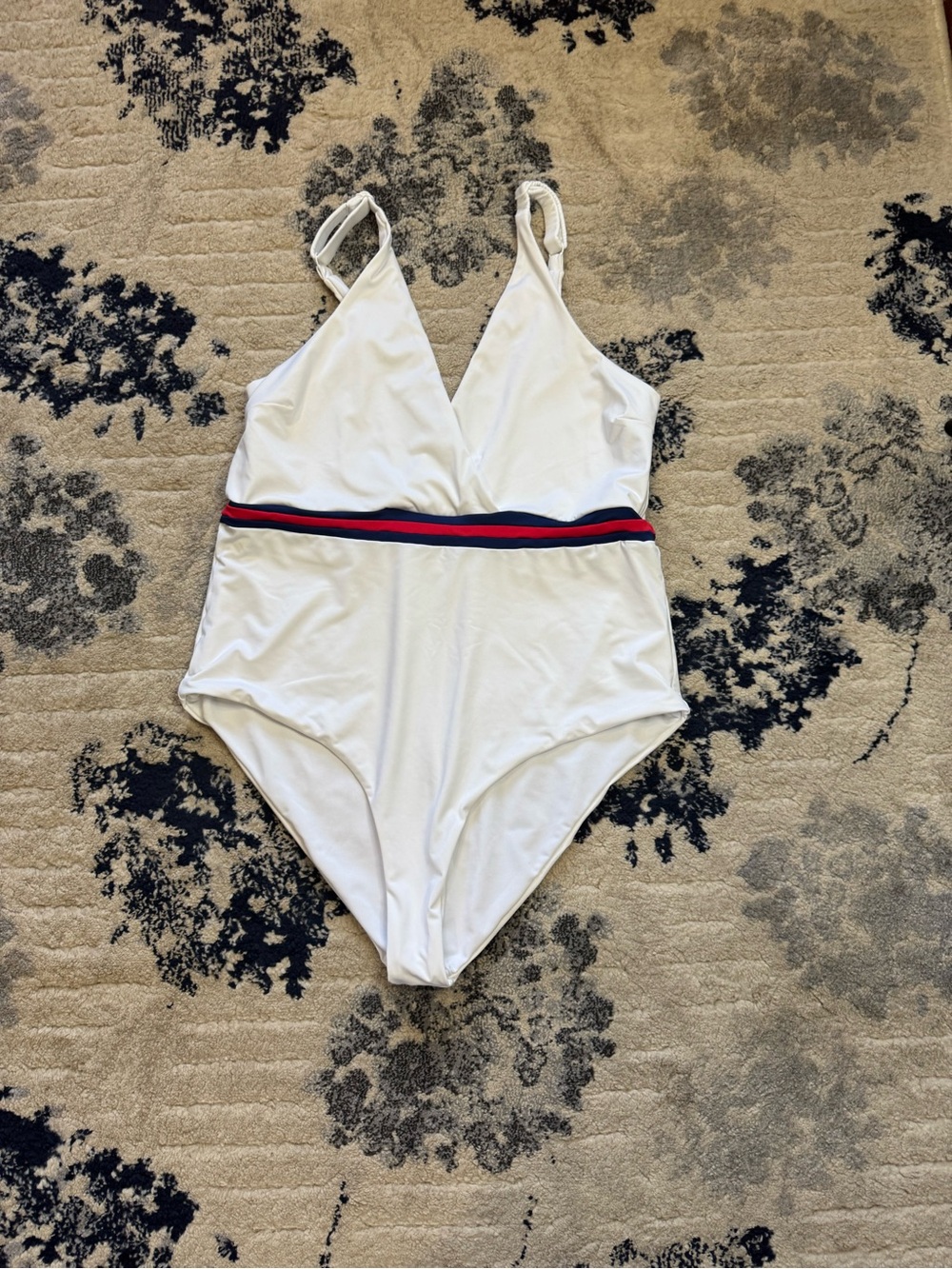 VENUS White One-Piece Swimsuit with Red and Navy Waistband